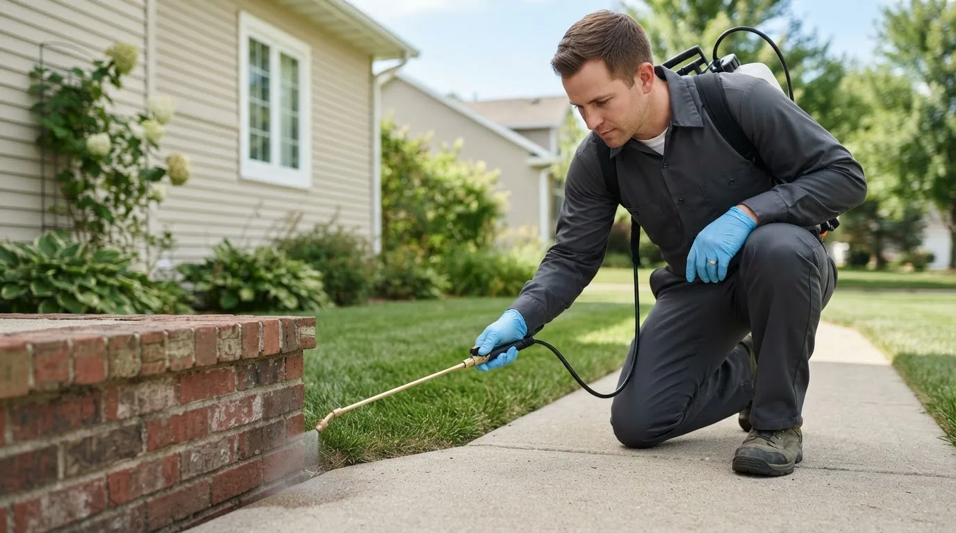 Pest control technician treating a home near Levant, KS
